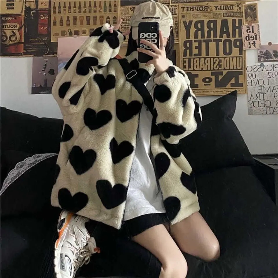 Autumn Winter Heart Print Zipper Y2k  Lamb Wool Coat Women's Korean  Thickened Loose Faux Fur Fur Jacket Women Students Clothes