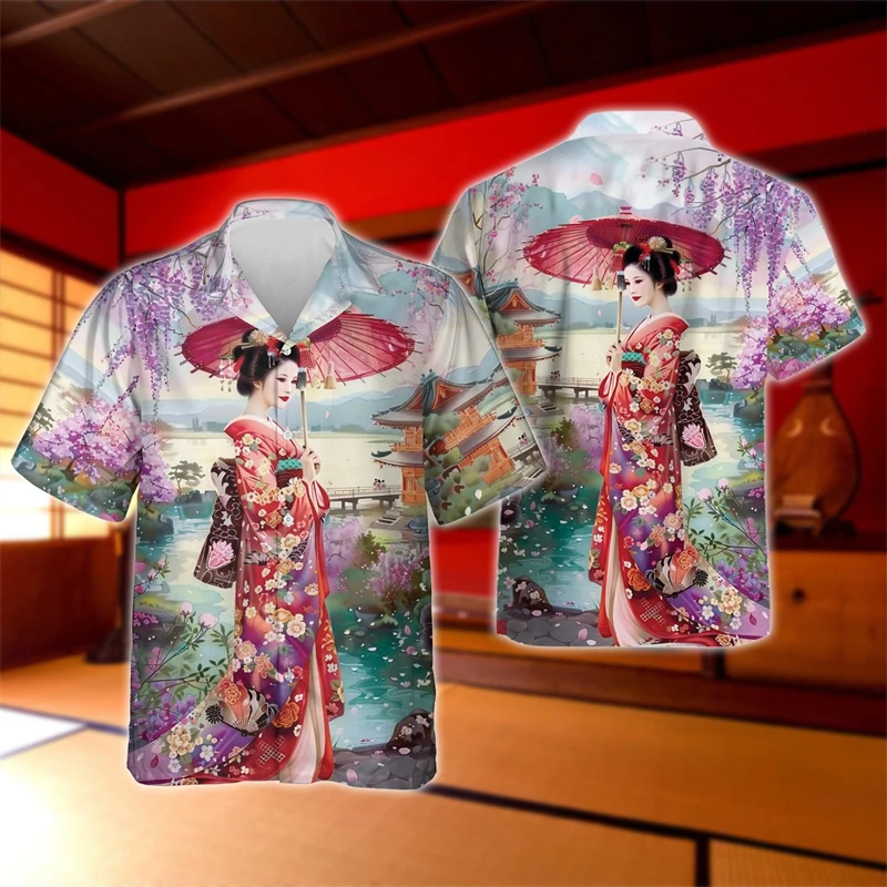 Блузка Geisha с 3D-принтом японская Модная рубашка лацканами в стиле Харадзюку