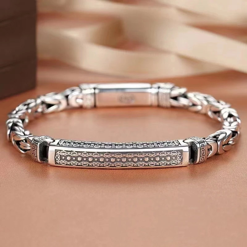

S925 Sterling Silver Bracelet Men's Hipster Fashion Retro Keel Peace Grain Braided Chain Fashion Simple Personality