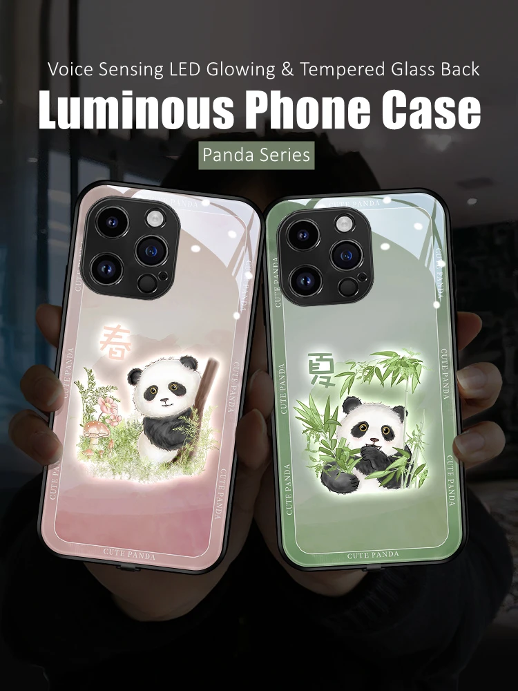 

Couples Cute Panda LED Light Glowing Luminous Tempered Glass Phone Case for iPhone 11 12 13 14 X Xs Xr Mini Pro Max Plus Cover