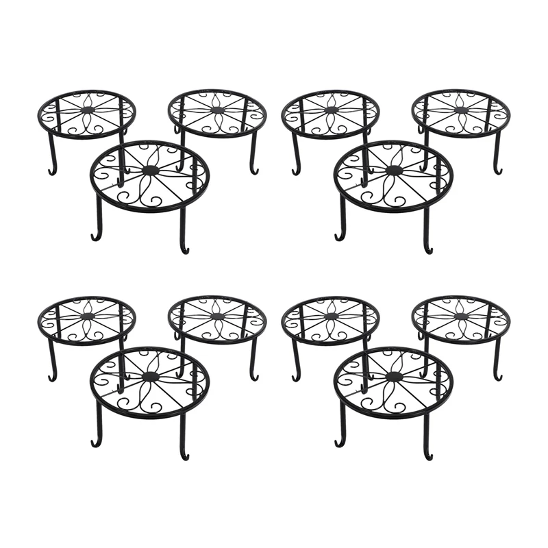 12 Pack Metal Potted Plant Stand Floor Flower Pot Rack Decorative Pot Garden Container Round Supports Rack (Black)