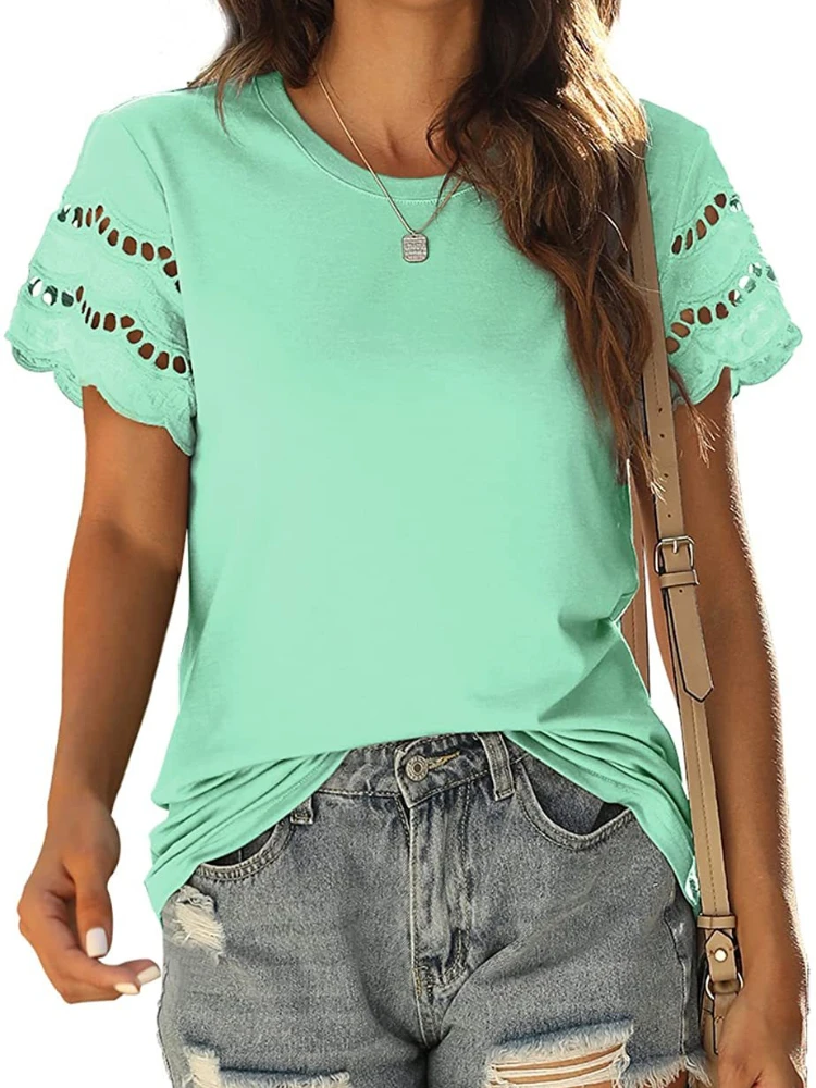 

Lace Stitching Short-sleeved T-shirt Women Summer New O Neck Top Ladies Solid Color Vintage Y2K Fashion Tees Shirt T-shirts 2022