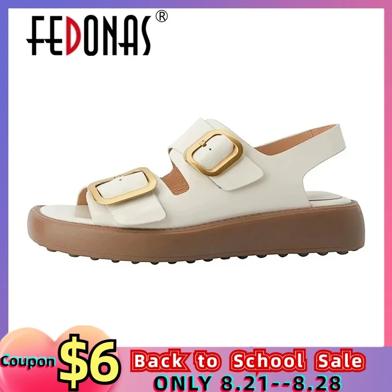 

FEDONAS Retro Style Women Sandals Retro Buckle Concise Genuine Leather Flats Platforms 2023 Summer Casual Peep Toe Shoes Woman