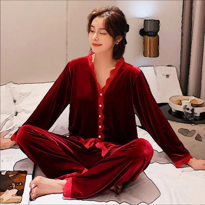 Women's Pajamas Set Soft Velvet Lace Pyjama Homewear Cozy Spring Sexy Black Sleepwear Big Size Femme Pure Color Pjs