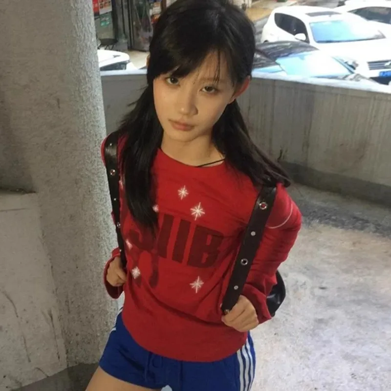 Genayooa Harajuku футболка с принтом женская длинным рукавом Y2k винтажные топы