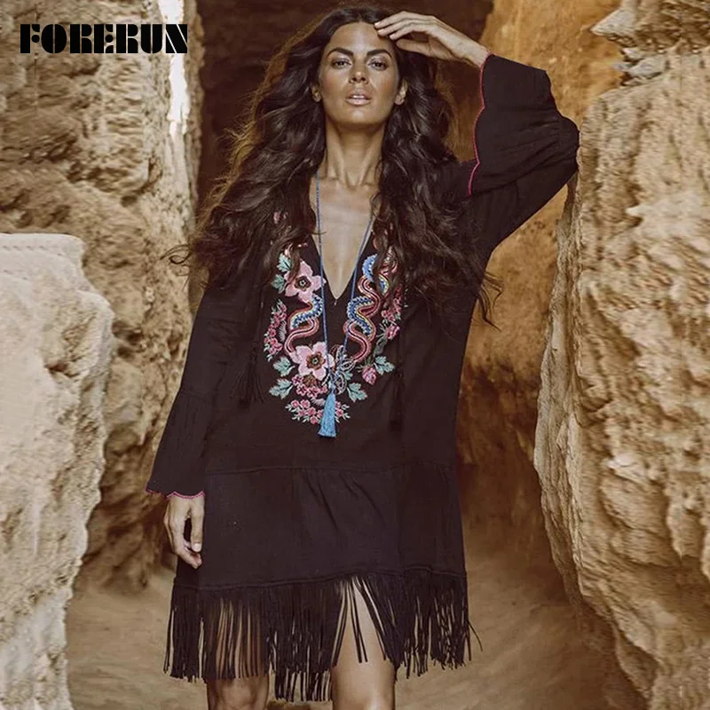 FORERUN Embroidered Beach Dress Women Boho Floral Vintage Summer Dresses Tassel Long Sleeve Plus Size Vestidos De Verano Robe | Женская