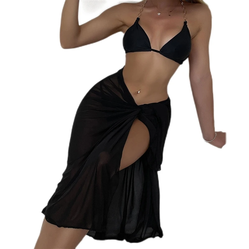 

Женское бикини из трех предметов с накидками, соблазнительный купальный костюм с узлом, однотонная пляжная одежда, популярный купальник с р...