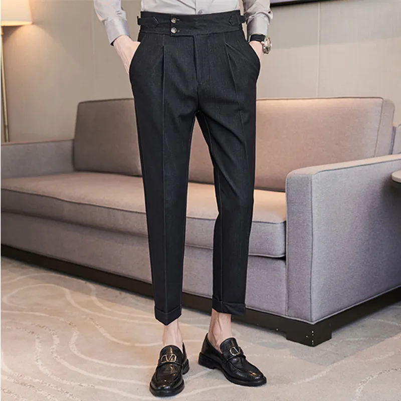 2022 Men Spring Summer Belt Decoration Casual Ankle Length Pants Fashion Slim Fit Suit Pants Streetwear Social Business Trousers images - 6