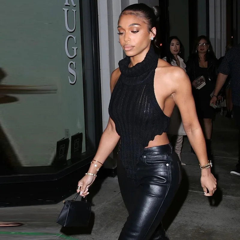 

Женский Асимметричный пуловер, однотонный трикотажный топ с открытой спиной и высоким воротником, без рукавов, уличная одежда, 2022