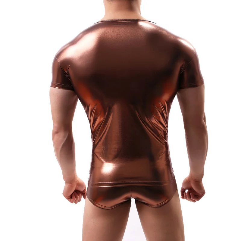 Sexy Men Clothes Set Shiny PU Leather Wet Look Short Sleeve Shirts Stage Nightclub Tops Boxer Shorts Underwear Mens Undershirts