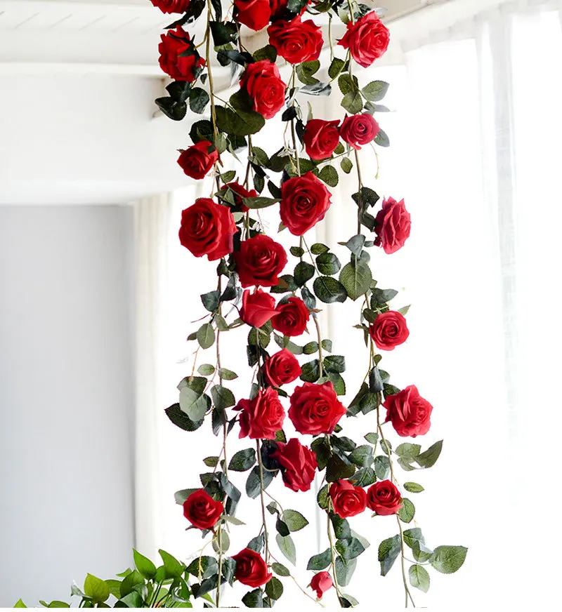 

European Artificial Fake Flower Silk Rose Flower Vine1.8M Hanging Garland Wedding Decor party home garden Decoration 6pcs