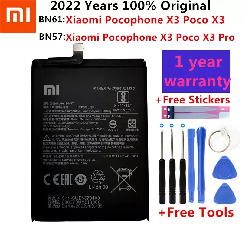 

2022 100% Original BN57 BN61 6000mAh Phone Battery For Xiaomi Pocophone X3 X3 Pro Replacement Batteries + Tool