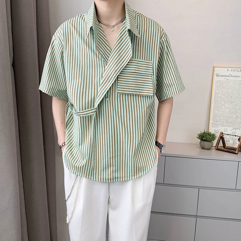 Summer Short Sleeve Shirts Men Fashion Society Mens Dress Shirts Korean Loose Pocket Casual Shirts Mens Striped Shirts M-2XL