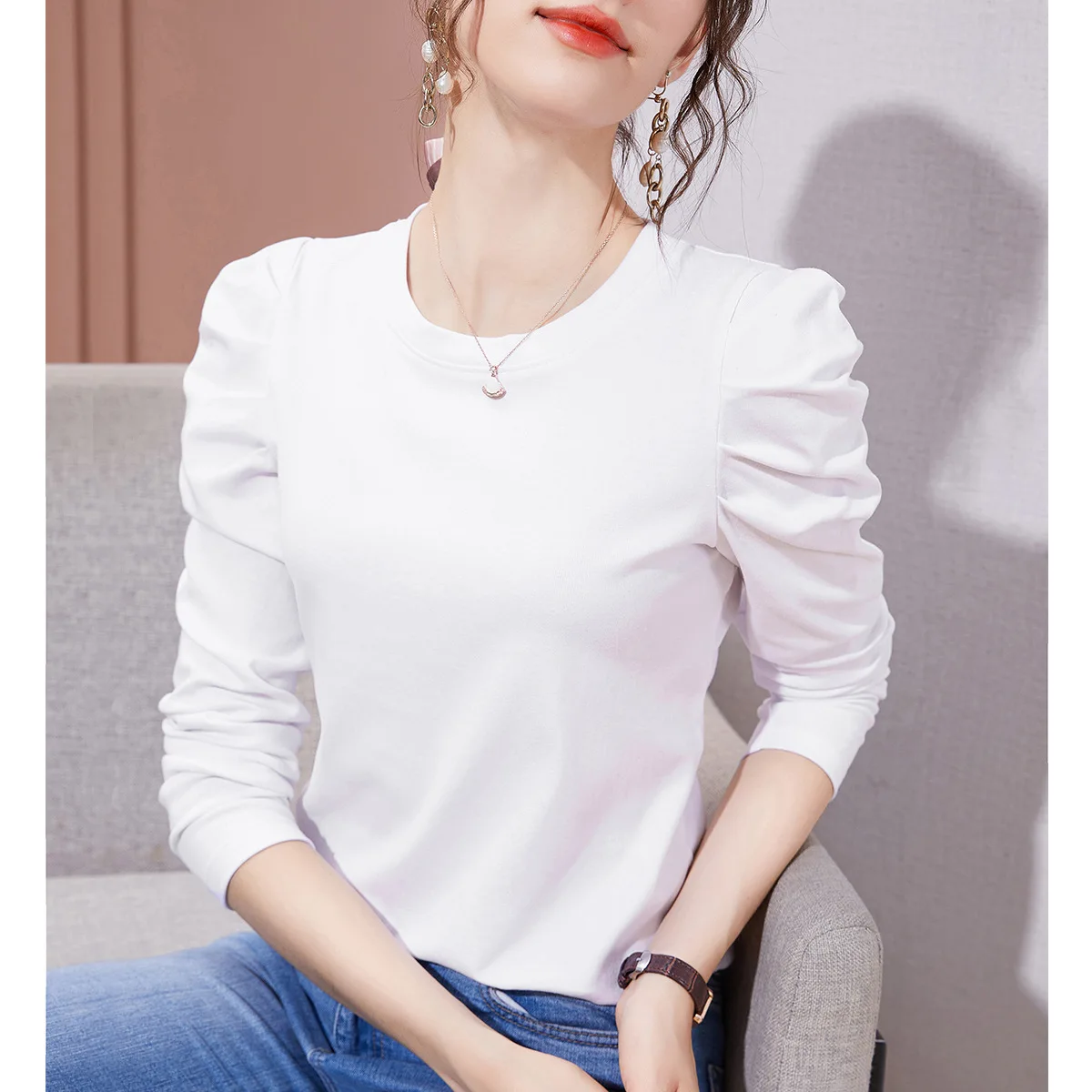 

Long-sleeved Round Neck T-shirt Women's 2021 Spring and Autumn New Solid Color Xinjiang Cotton Pleated Puff Sleeve Top