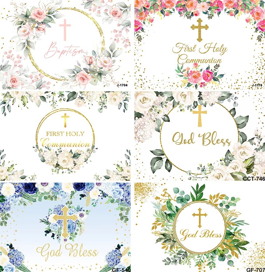 

Baptism Backdrop White Flowers My First Communion Photo Background Golden Cross God Bless Photography Background Decor