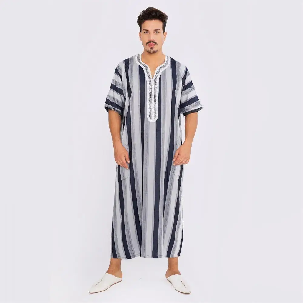 

Men Arab Muslim Fashion Islamic Clothing Men Grey Striped Jubba Thobes Homme Moroccan Kaftan Eid Prayer Long Robe Dress