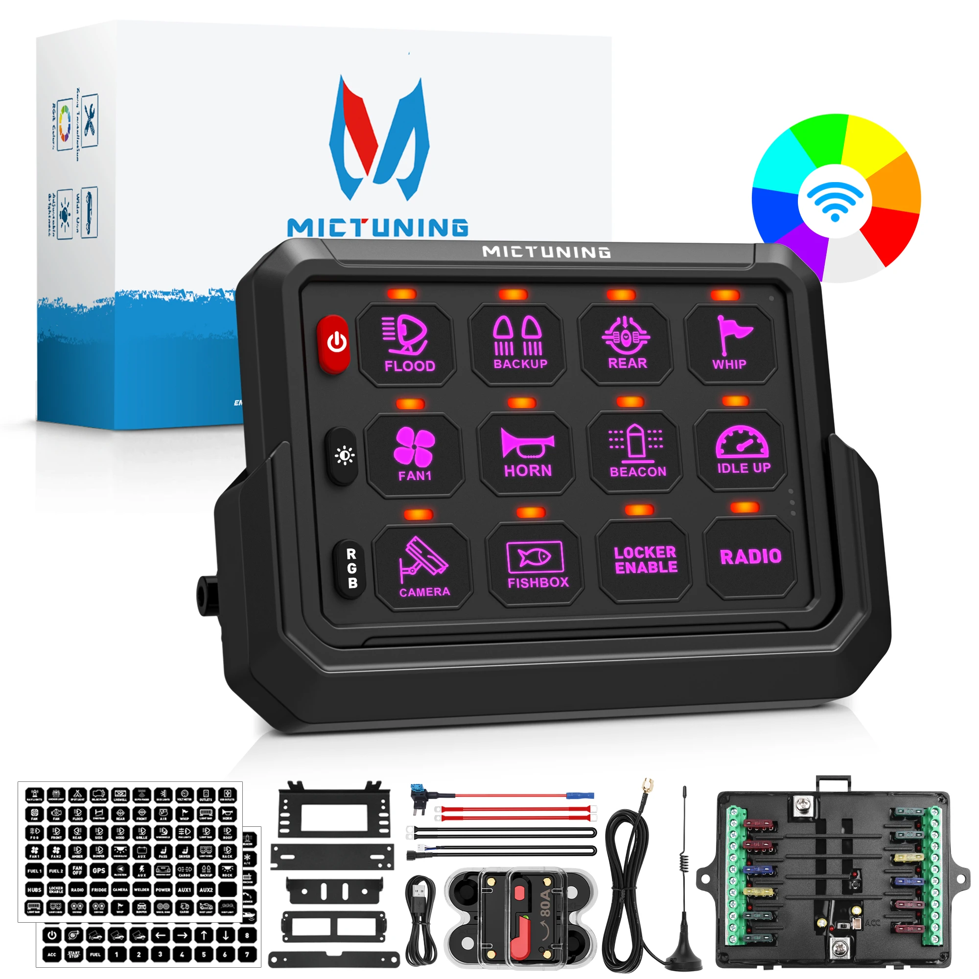 

Панель переключателя MICTUNING RGB, 8 каналов, 12 В, 24 В, беспроводная, регулируемая яркость цветов RGB для автомобилей, внедорожников, грузовиков, внедорожников, домов на колесах