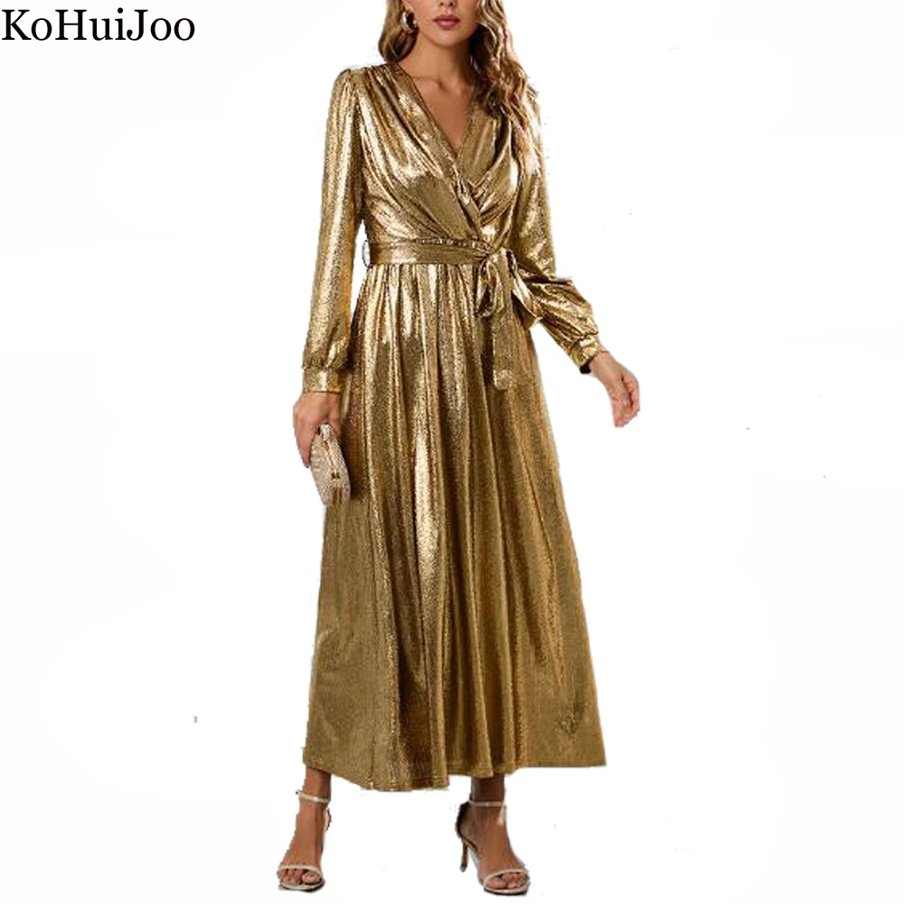 

KoHuiJoo Designer Dress Women Luxury 2023 Runway Autumn Fashion Sexy V Neck Slim Lace Up Gilding Dress Elegant Long Dresses