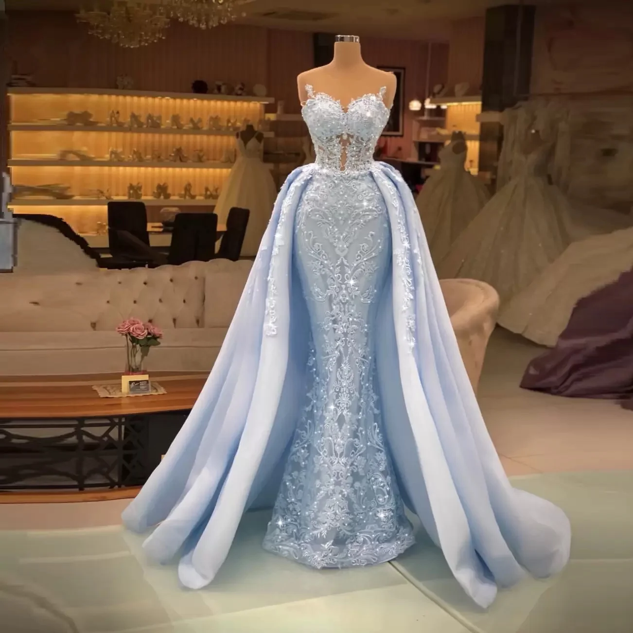 

Blue Sexy Prom Dress Sleeveless Strapless Sweetheart Appliques Sequins Bridal Gowns Detachable Train Plus Size Vestido De Novia