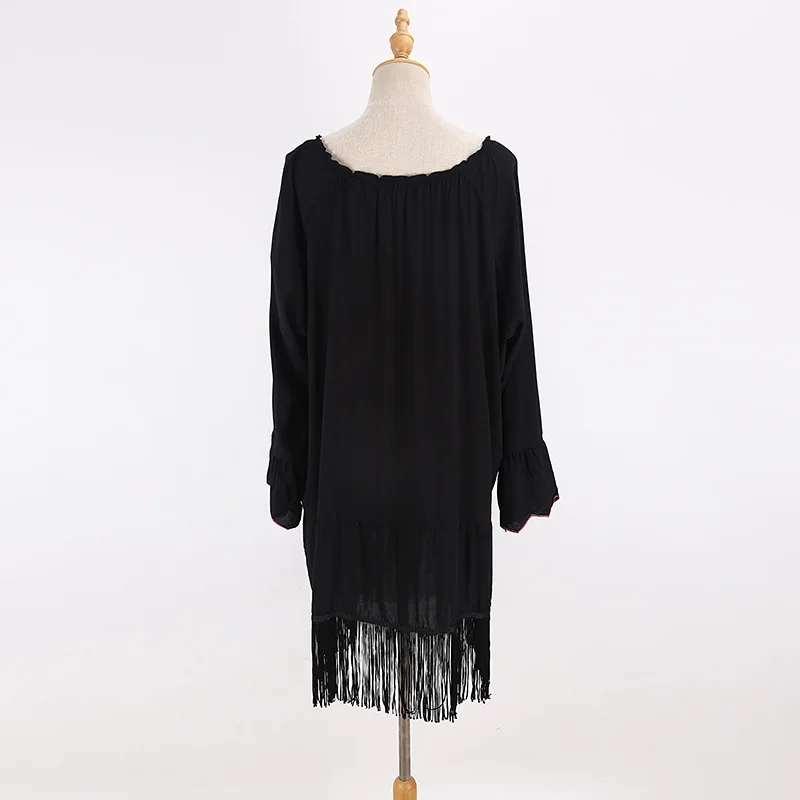 FORERUN Embroidered Beach Dress Women Boho Floral Vintage Summer Dresses Tassel Long Sleeve Plus Size Vestidos De Verano Robe | Женская