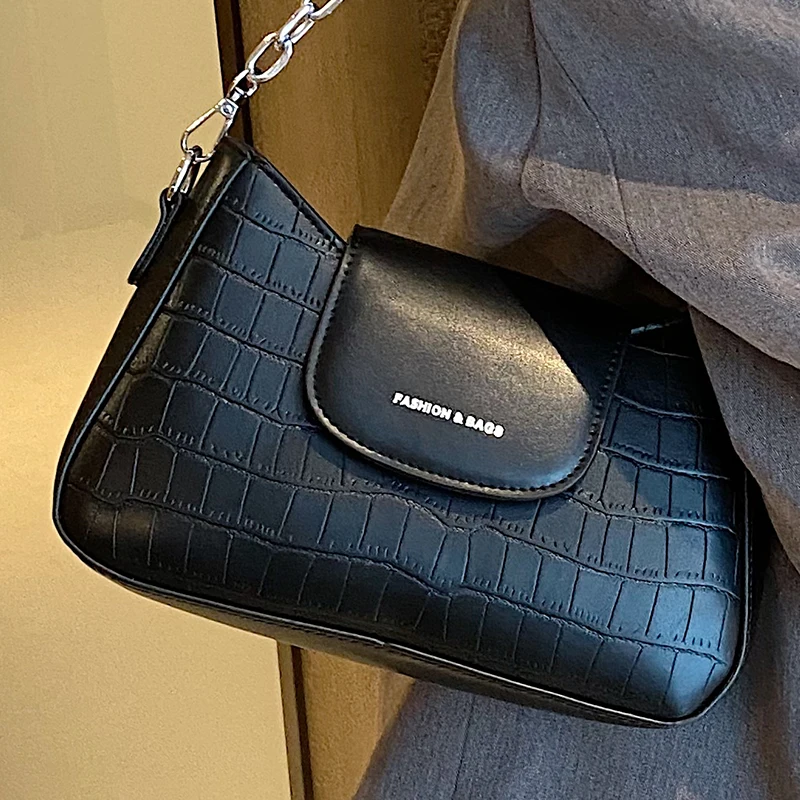 

Lovers' Black Aesthetic Handbag Quality Pu Leather Women's Armpit Flap Shoulder Bag Delicate Stone Pattern Female Crossbody Bags
