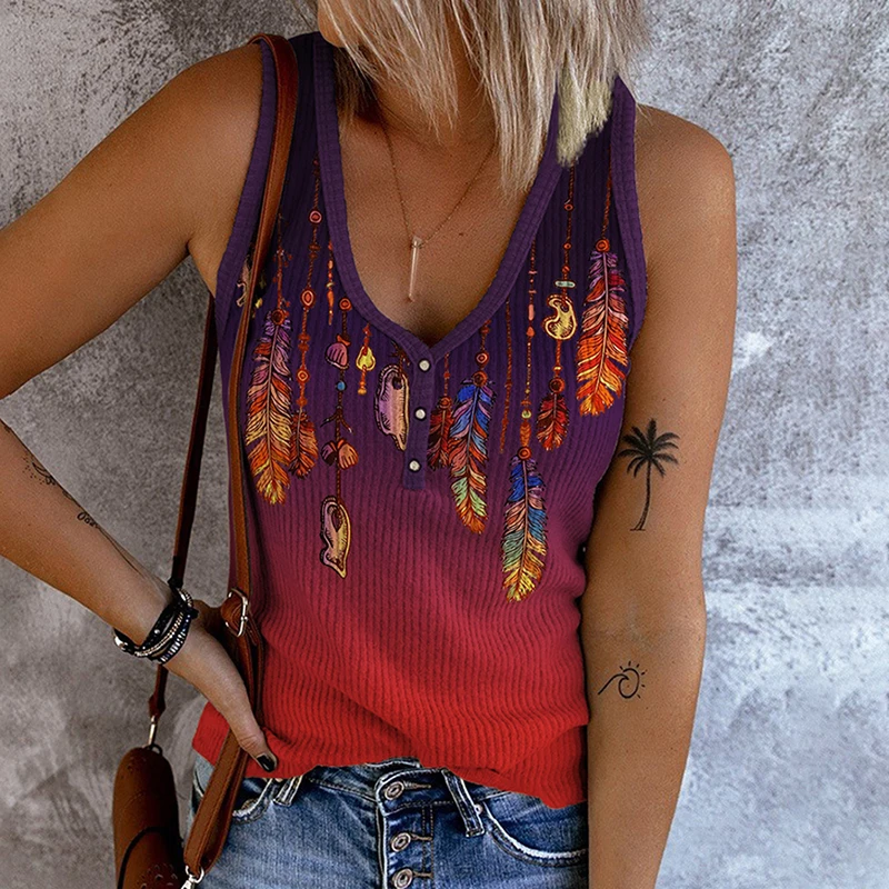 

Gradient Purple Feather Button Tank Top