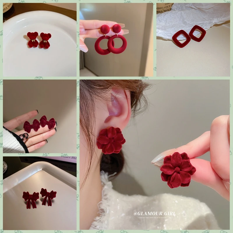 

Korean Fashion Red Velvet Flower Bow Stud Earrings for Women Girls Trendy Cute Causal Party Earrings Ladies Sweet Jewelry Gift