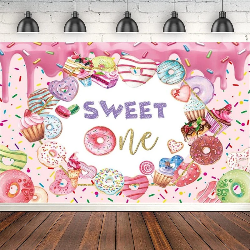 

Photography Backdrop Donut Sweet One Candy Girl 1st Birthday Party Pink Donut Grow Up Decoration Poster Photo Background Banner