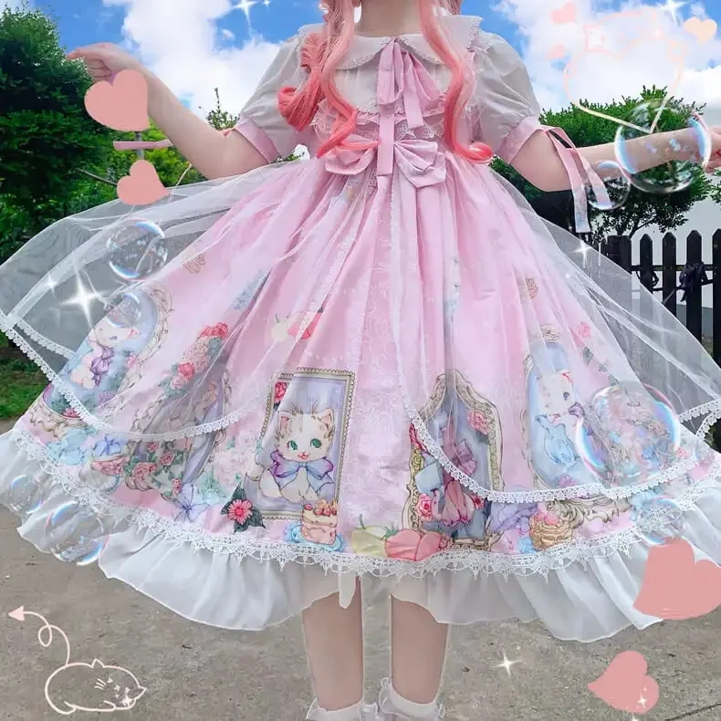 

Japanese Cute Lace Lolita Maid Dress Women Kawaii Pink Cartoon Rabbit Print Bule Party Dress Vintage Tulle Princess Fairy Dress