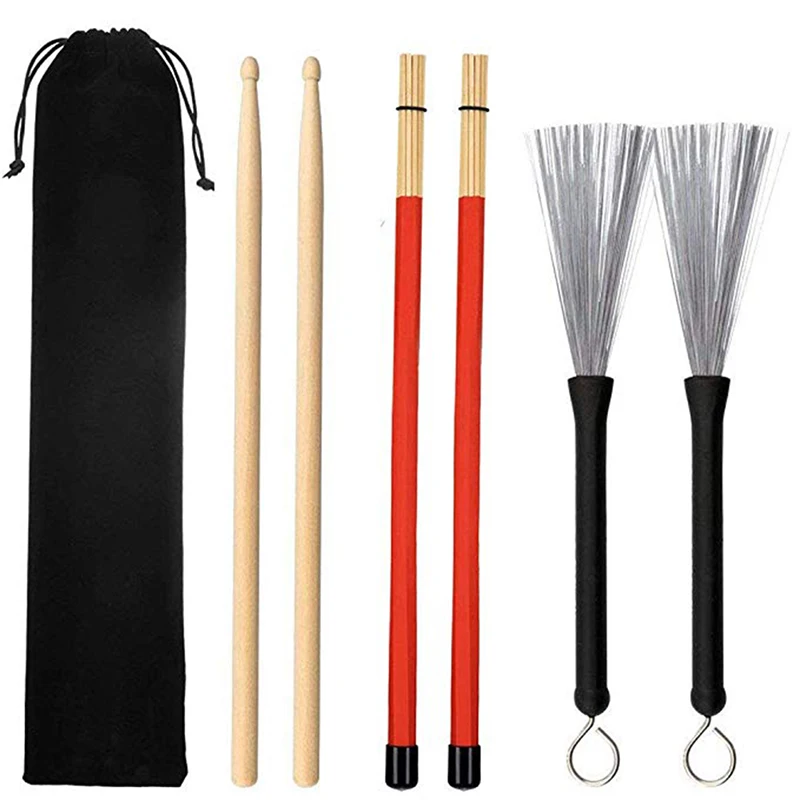 

4 Pieces Universal Jazz Drumsticks Set Includes 5A Maple Drumsticks Bamboo Steel Wire Brushes and Velvet Bag High Quality