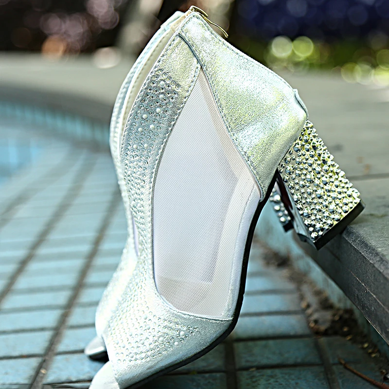 

Сандалии-гладиаторы женские с открытым носком, высокий каблук, квадратный каблук, квадратный каблук, украшение для свадьбы, сетчатые босоно...