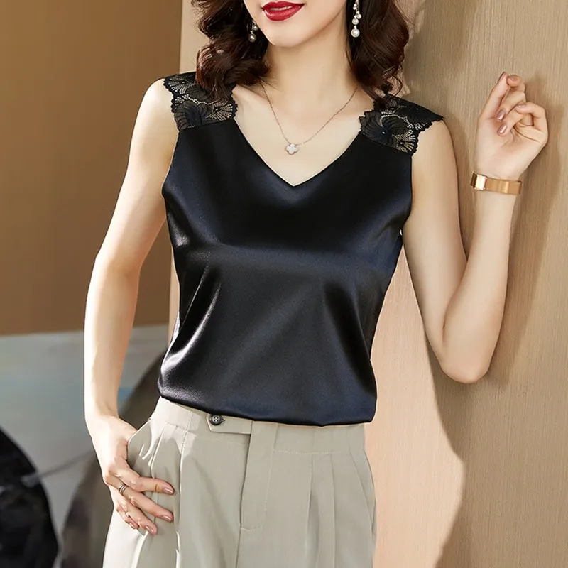 Silk Women Tops Woman Satin Blouses Shirts Sexy Women Silk Lace Blouse Elastic Shirts Woman Satin V-neck Shirt Ladies Tops  5XL