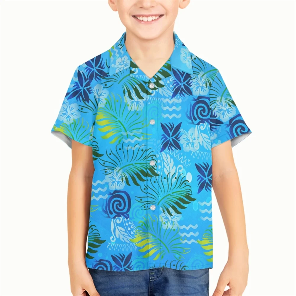 

Kid Aloha Shirts Short Sleeve Button Down Polynesian Tribal Boy Clothing Samoa Tapa Blue Fabric Floral Print Islanders 2023