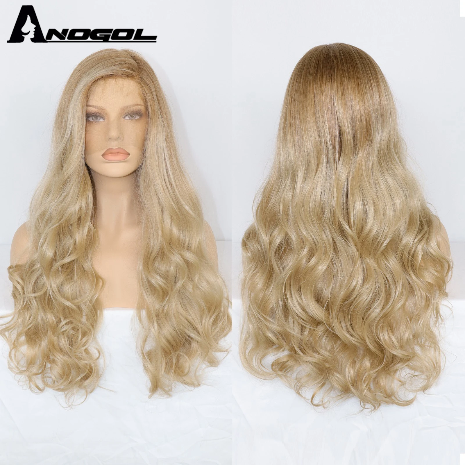 ANOGOL Synthetic Light Blonde Long Natural Wavy U Part Lace Wigs 28Inch Ombre Black Fake Hair Heat Resistant Fiber Wig for Women