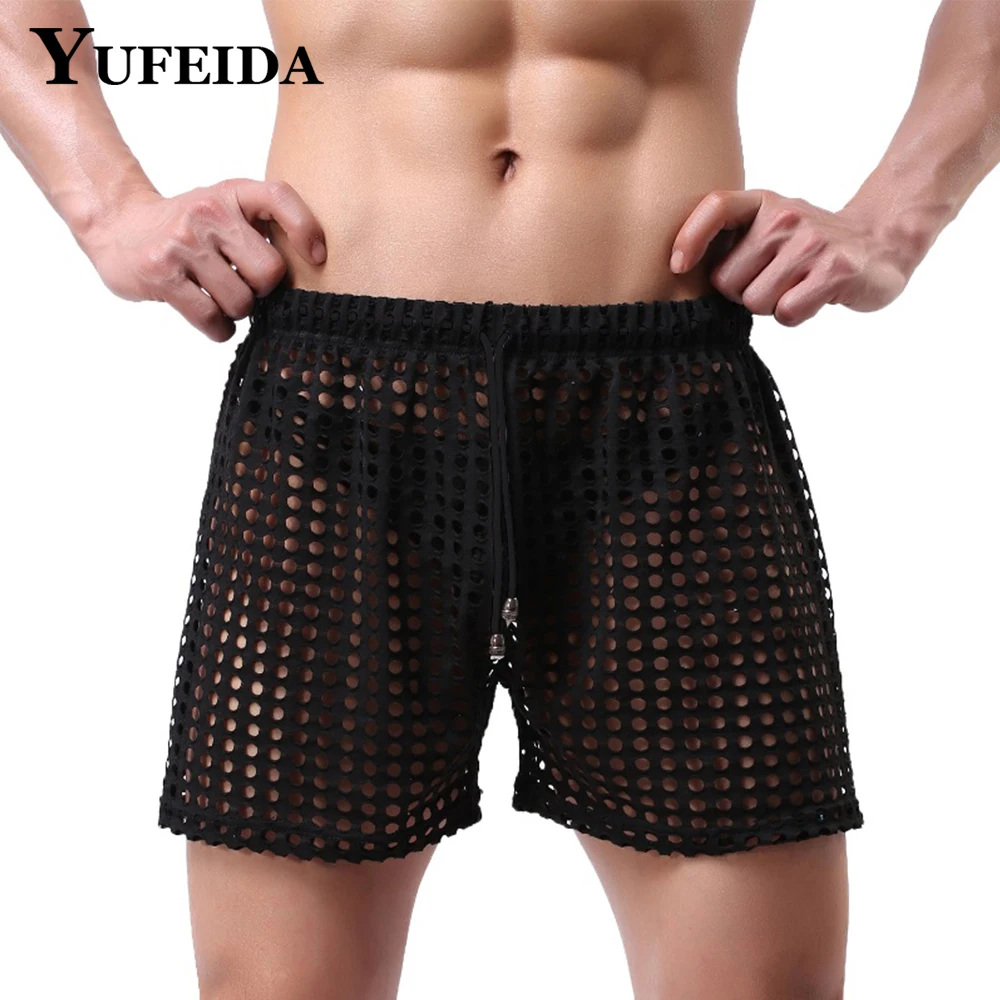 

YUFEIDA Breathable Men's Trunks Mesh Fishnet Hollow Out Boxers Transparent Loose Causal Shorts Sleep Bottoms Quick-drying Trunk