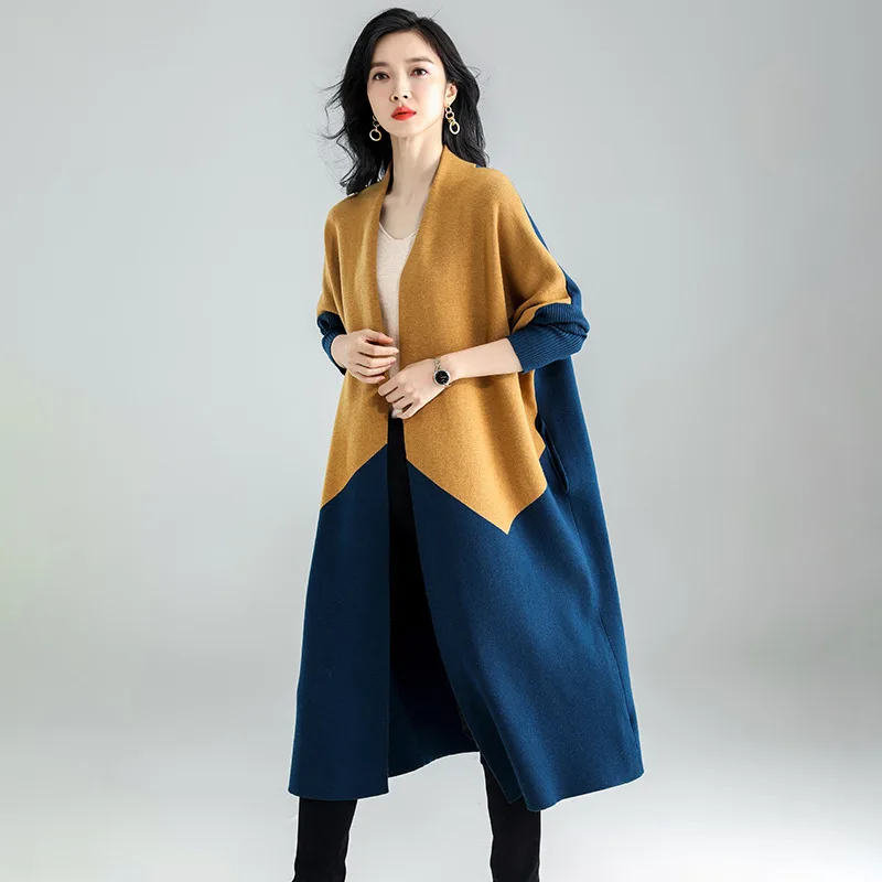 

Женское трикотажное пальто-кардиган SuperAen, осенне-зимнее плотное пальто-кардиган с v-образным вырезом и контрастной строчкой, новинка 2022