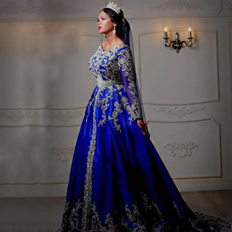 

Royal Blue Arabic Traditional Wedding Gowns With Gold Lace Appliqued Long Sleeves kaftan caftan Turkey Bridal Dresses Vesti