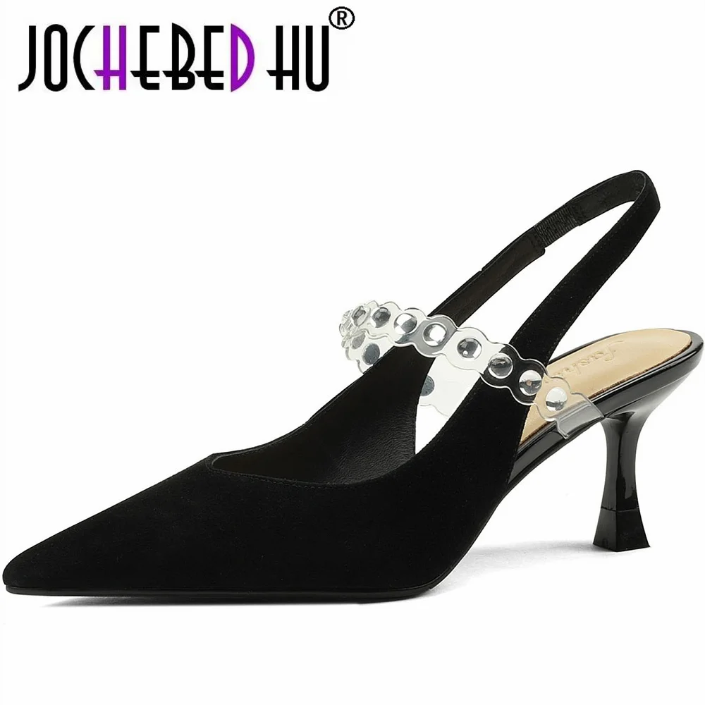 

【JOCHEBED HU】Pointed Rhinestone Sandals Women Summer Sandals Patent Leather Baotou Word with Stiletto Semi-drag High Heels 34-40