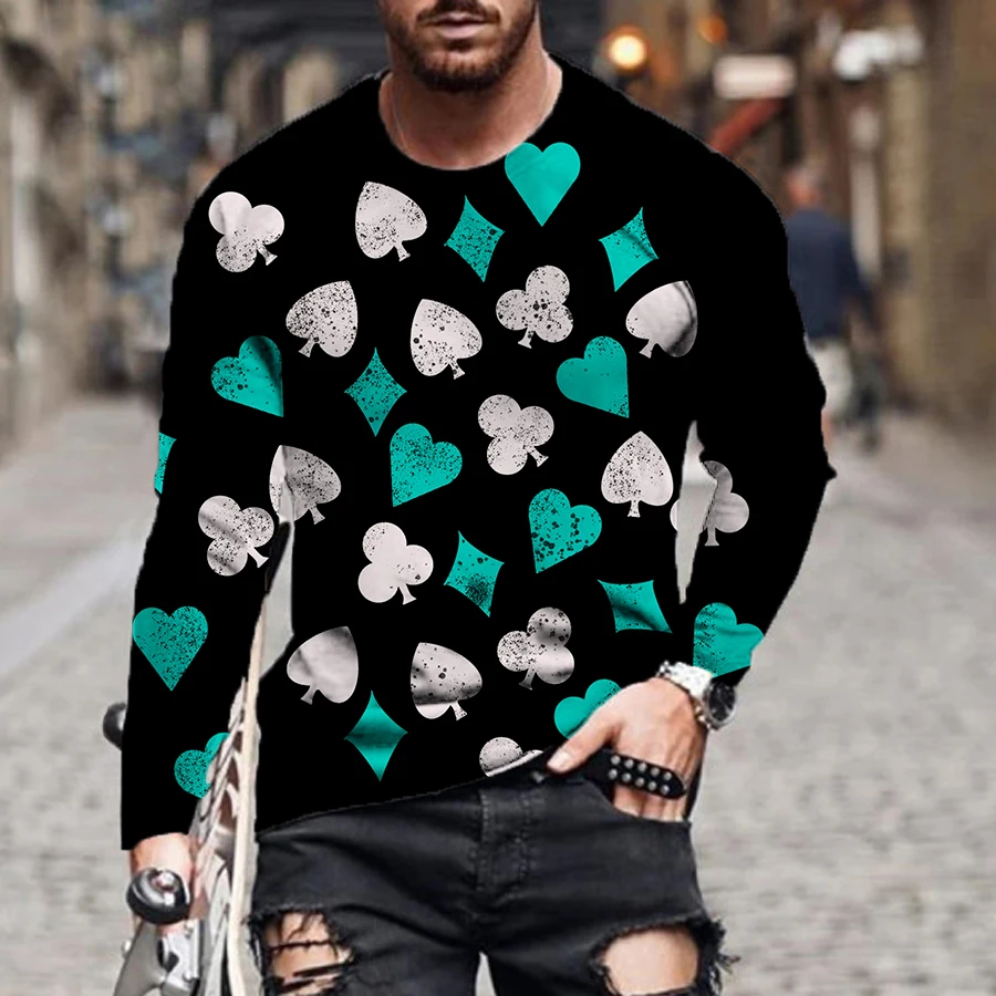 

European and American Men's Long-sleeved Playing Cards 3D Printing Round Neck Short-sleeved Street Trend T Shirt