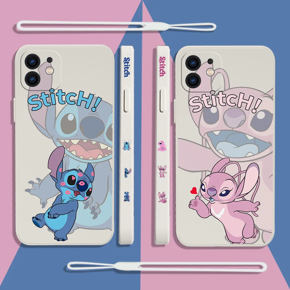 

Cartoon Disney Stitch angel Phone Case For iPhone 14 13 12 11 Pro Max Mini X XR XS MAX 8 7 Plus Silicone Cases with Hand Strap