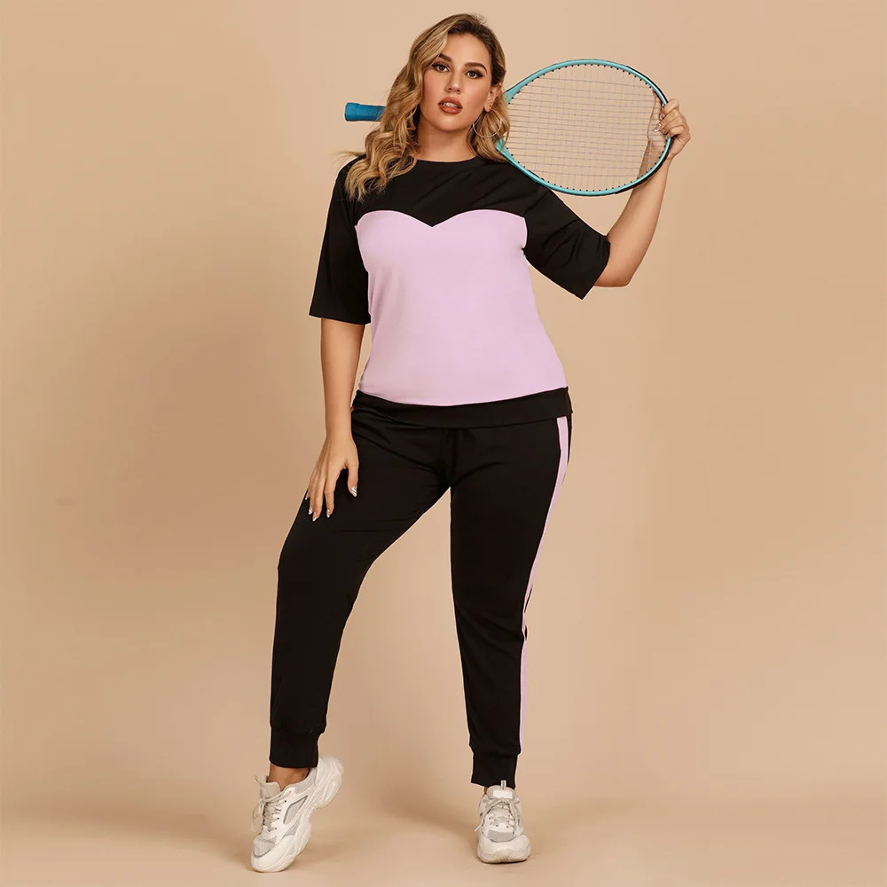

Plus Size Women Clothing Autumn Contrast Color Crew Neck Top Elastic Waist Trousers Loose Casual Ladies Sports Suit XL-4XL