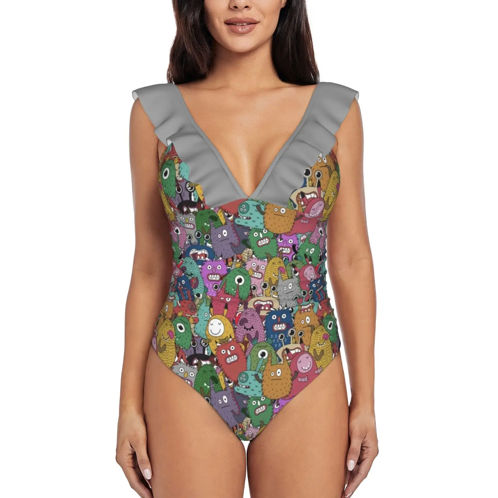 

Женский слитный купальник Monsterous City, купальный костюм с оборками и принтом, Женский Монокини, купальный костюм монстров