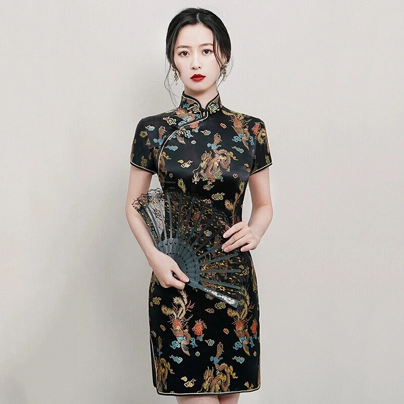 

Vintage Cheongsam Hand Button Dragon Phoenix Vestidso Chinese Dress Traditional Big Size Sexy Split Mandarin Collar Qipao