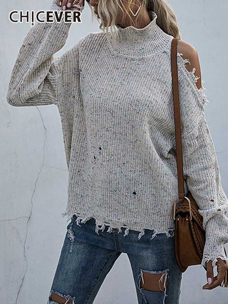 

CHICEVER Hole Hollow Out Knitting Pullover Sweaters For Women Turtleneck Batwing Sleeve Off Shoulder Casual Loose Sweater Female