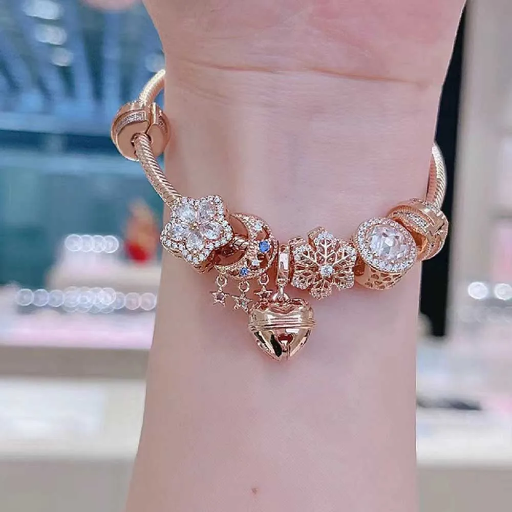 Классический браслет из стерлингового серебра 925 пробы розовое золото сердце