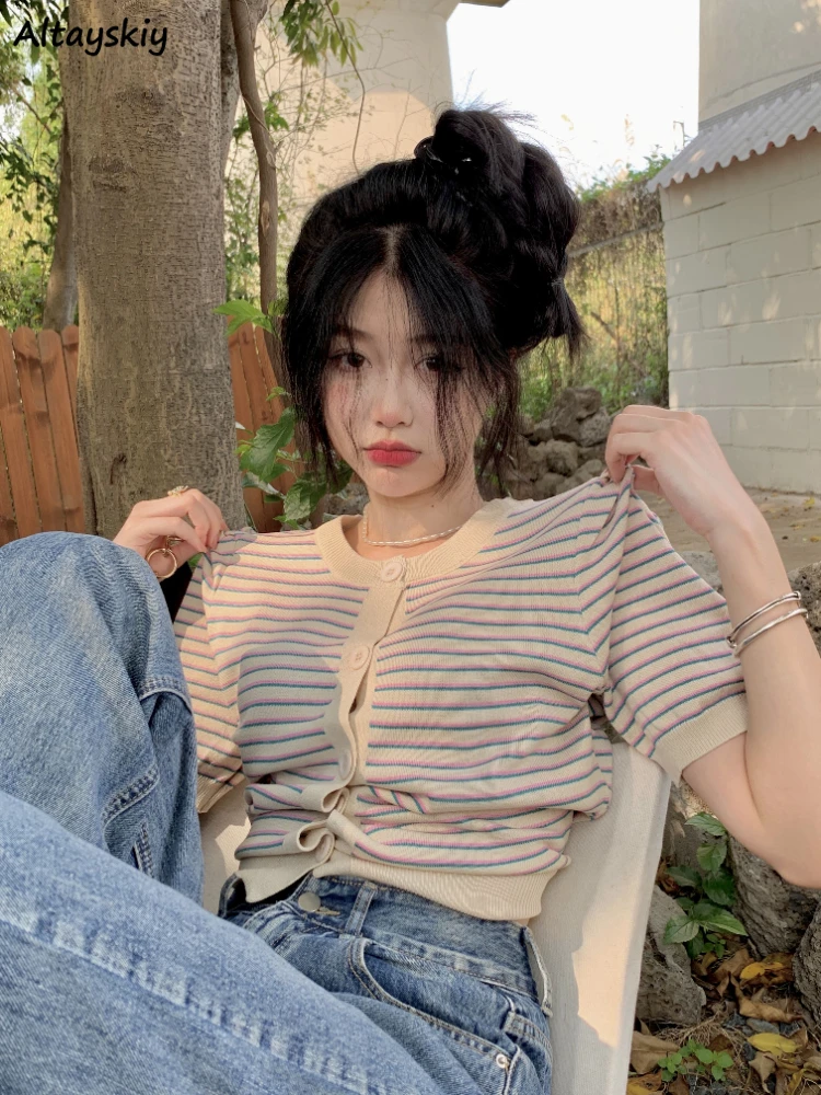 

Knitted Short Sleeve T-shirts Women Striped Slim Sweet Harajuku Summer Crop Tops Girlish Prevalent Tender Korean Y2K Ins Females