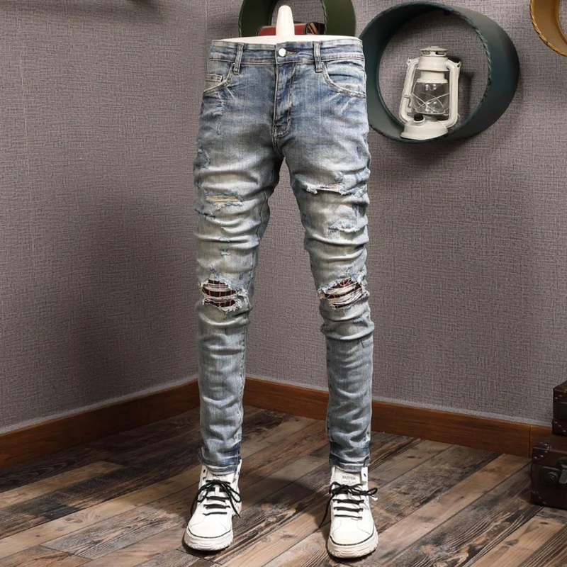 Streetwear Fashion Men Jeans Retro Blue Stretch Elastic Slim Fit Hole Ripped Jeans Men Patch Designer Hip Hop Brand Pants Hombre