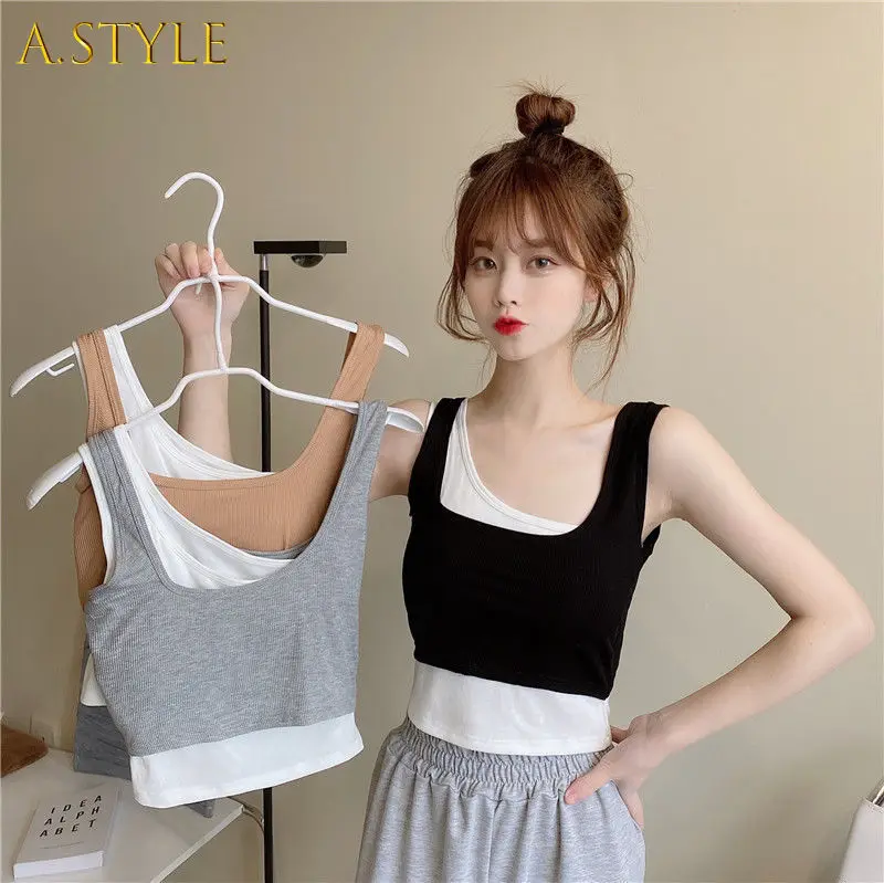 

A GIRLS Women Tanks Patchwork Leisure Slim Fake Two Piece Korean Style Daily Workout Wear All-match Irregular Female Comfort New