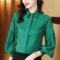 womens shirt cotton blouse for women lantern sleeve open stitch shirts striped polo neck blouse 2022 fashion basic woman shirts
