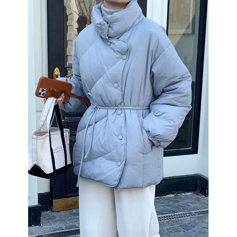 Winter Cotton Jacket with Stand-up Collar and Waist Strap Thickened White Eiderdown Jacket Thickened To Keep Warm and Windproof